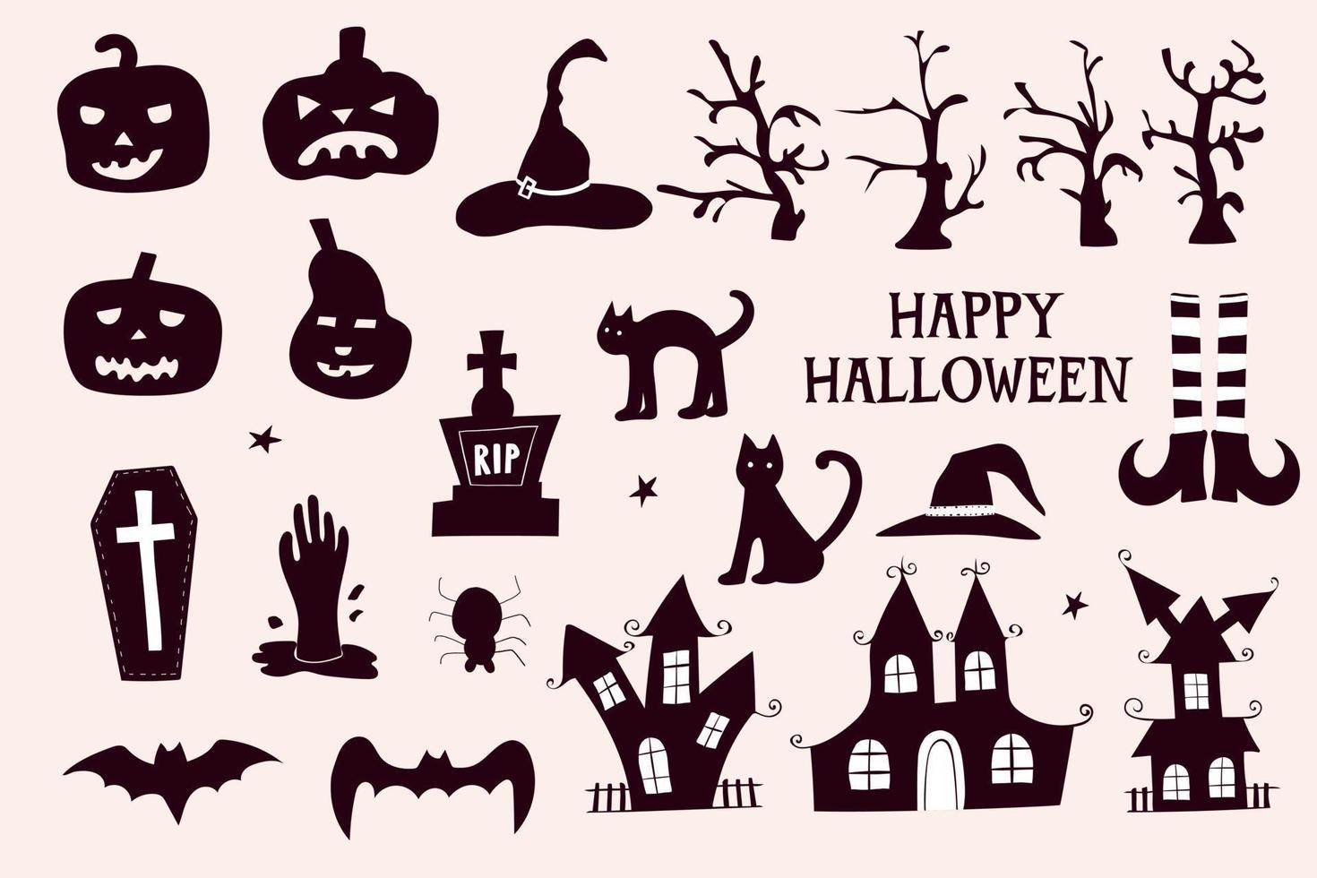 satz von elementen für halloween-feiertage in schwarz und weiß. für grußkarten, partyeinladungen, tags, aufkleber. Vektor handgezeichnet.