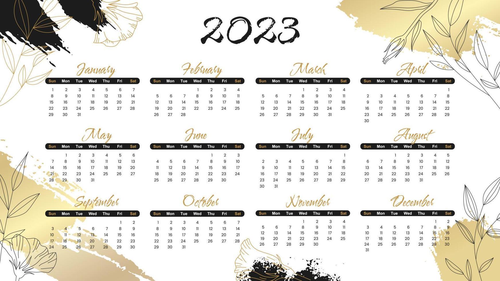 trendiger abstrakter hintergrund mit pinselfarbenformen und blumenelement in gold, schwarzen farben. 2023 Kalenderjahr Vektor Illustration Poster. Jahreskalender-Luxus-Vorlage.