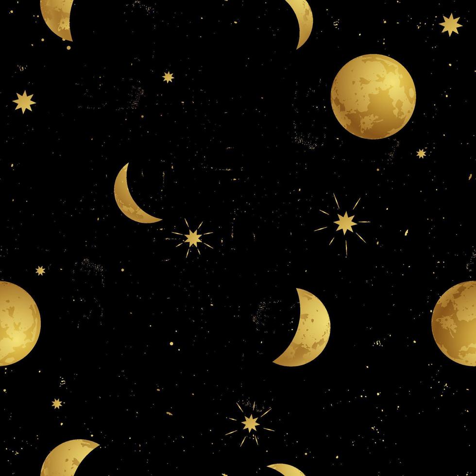 nahtloses goldenes raummuster mit sternen und mondphasen auf schwarzem hintergrund für tarot, astrologie, tapete, fall für telefon. magischer kosmischer himmel, abstrakte esoterische verzierung. Vektor-Illustration. vektor