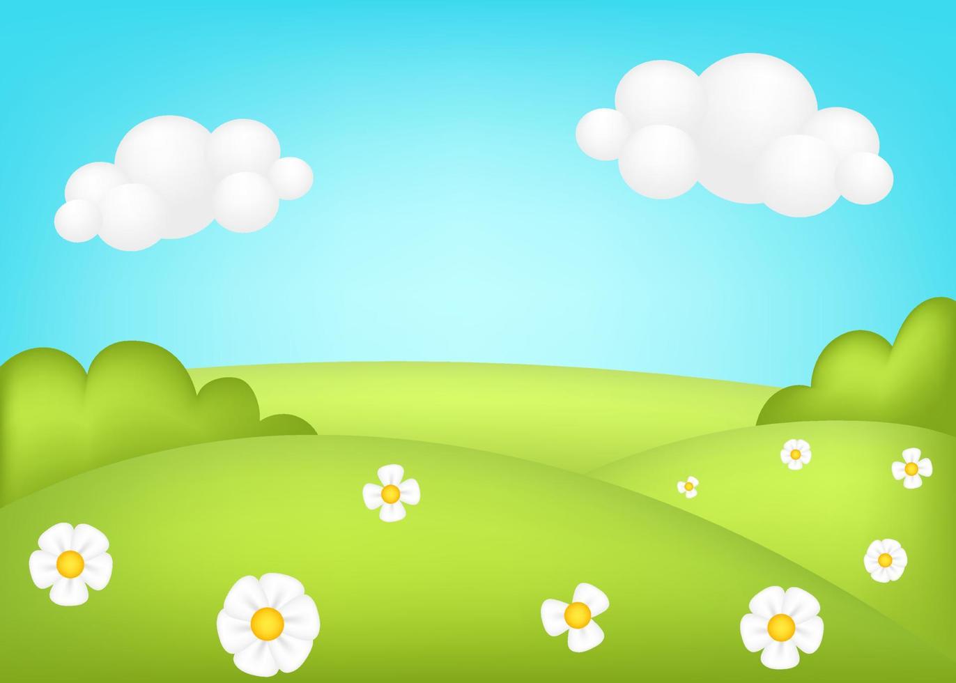 Wiese 3D-Vektor-Illustration. helle landschaft des grünen tals scherzt hintergrund. bunte süße landschaft mit frühlingsgrünen wiesen, bäumen, blumen, blauem himmel, wolken für kinderseiten. vektor