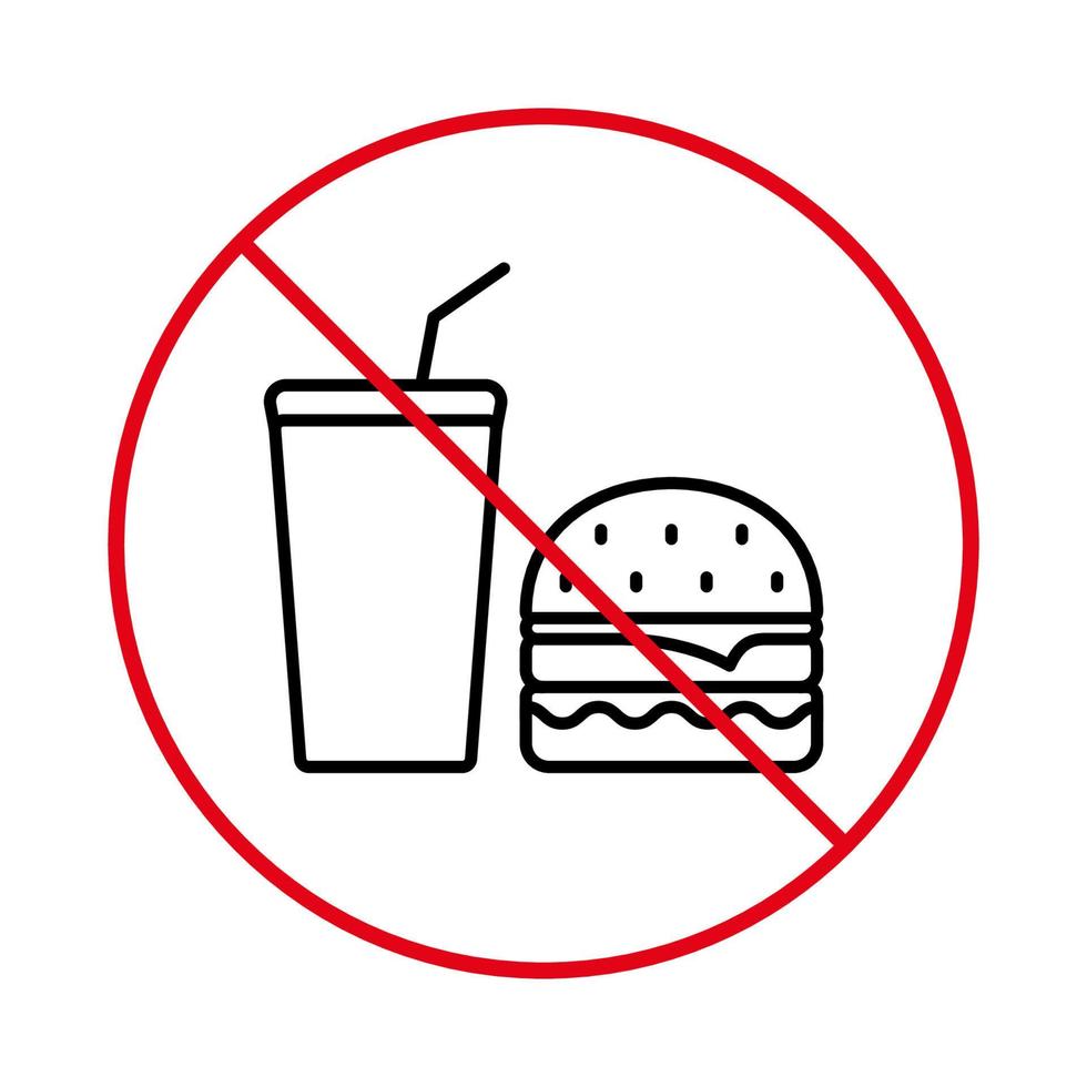 verbieten ungesunde Mahlzeit. Fast Junk Food Hamburger Cola Piktogramm verbieten. Getränkestopp-Symbol. kein erlaubtes getränk essen burger zeichen. Symbol für die schwarze Linie des Soda-Sandwiches verbieten. isolierte Vektorillustration. vektor