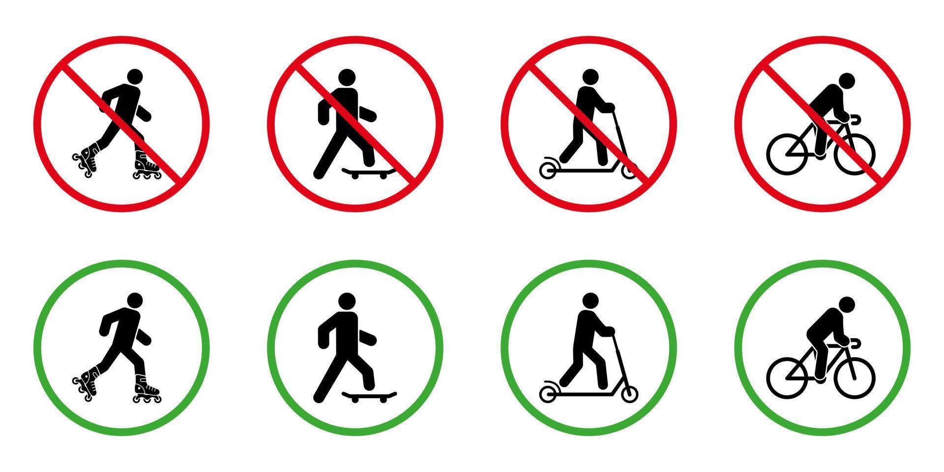 varning förbjuda rullskridsko skateboard cykel sparka skoter piktogram uppsättning. Nej tillåta hjul eco transport tecken. tillåta vält skridsko styrelse cykel sparka skoter grön ikon. isolerat vektor illustration.