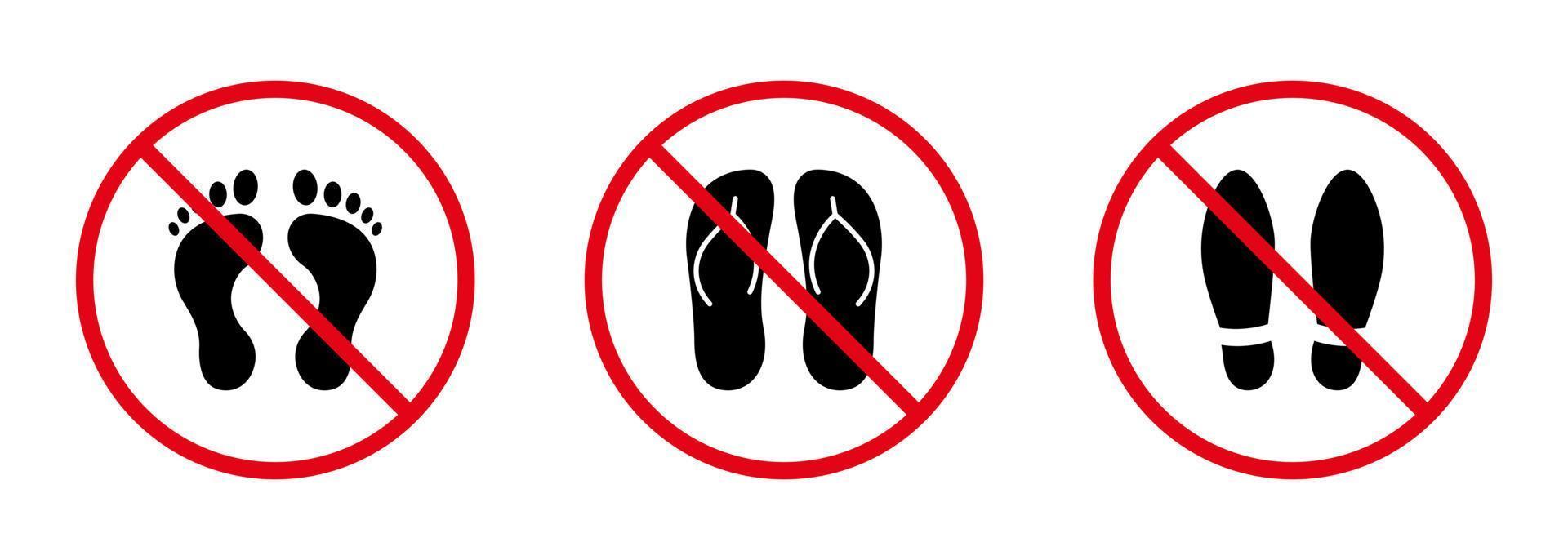 fotavtryck par sko flip flop röd sluta cirkel symbol uppsättning. Nej tillåten steg tecken. sandal förbjuda svart silhuett ikon. förbjuda strand flipflop piktogram. förbjuden tillfällig sko. isolerat vektor illustration.