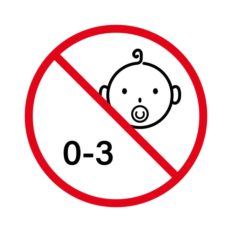 kein erlaubtes gefahrenzeichen für schnullerspielzeug. verbieten für Kinder unter 3 Jahren Piktogramm. verbieten nicht geeignetes Kind rotes Stopp-Umrisssymbol. verbieten Sie das Symbol für die schwarze Linie des Babys im Alter von drei Jahren. isolierte Vektorillustration. vektor