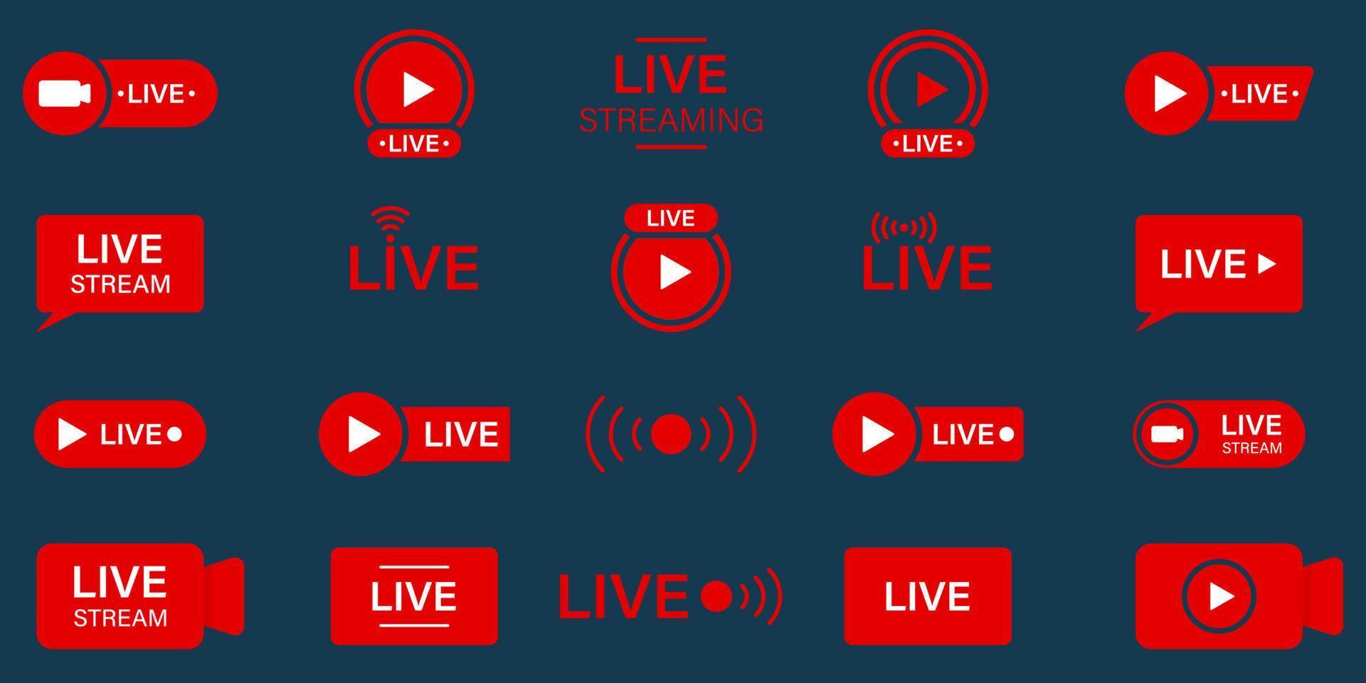 live stream skylt set. onlinenyheter, show, kanal-tv. ikon för liveströmlinje. online broadcast knappar piktogram. röd symbol för livestream. isolerade vektor illustration.