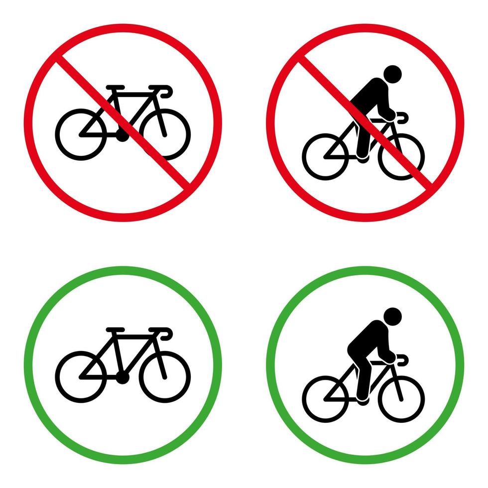 Mann auf Fahrrad verbotenes Piktogramm. grünes Kreissymbol für Radfahrer. Kein erlaubtes Fahrradschild. Verbotszone Person Antriebszyklus schwarze Silhouette Symbolsatz. Radrennen verboten. isolierte vektorillustration. vektor