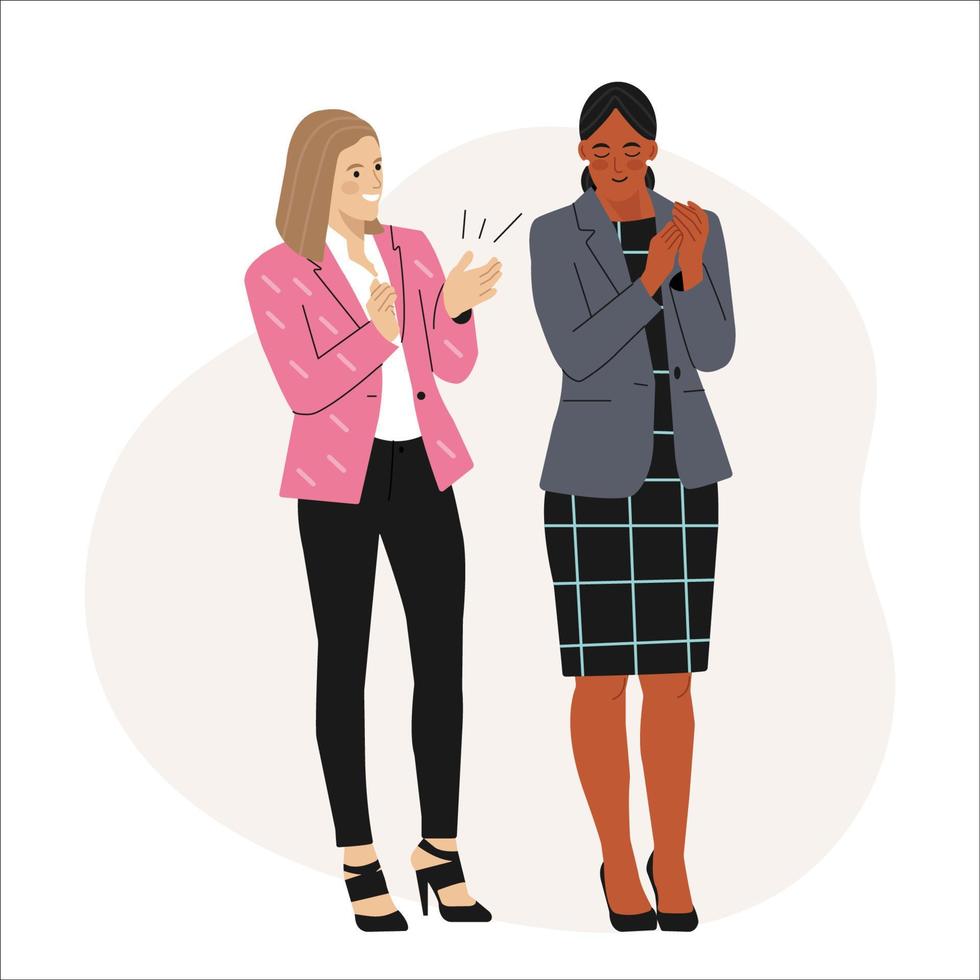 mångkulturell kvinnor i kontor kläder applåder händer tacka eller som visar uppskattning på händelse. bekräftelse och tacksamhet. platt vektor illustration.