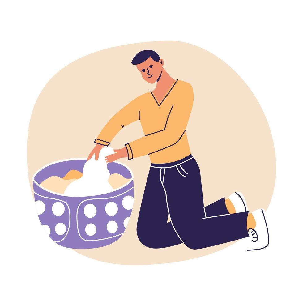 junger mann mit wäschekorb waschsalon, haushaltsszene. Konzept der Reinigung. flache Cartoon-Vektorillustration, trendige Farben, isoliert auf weißem Hintergrund. vektor
