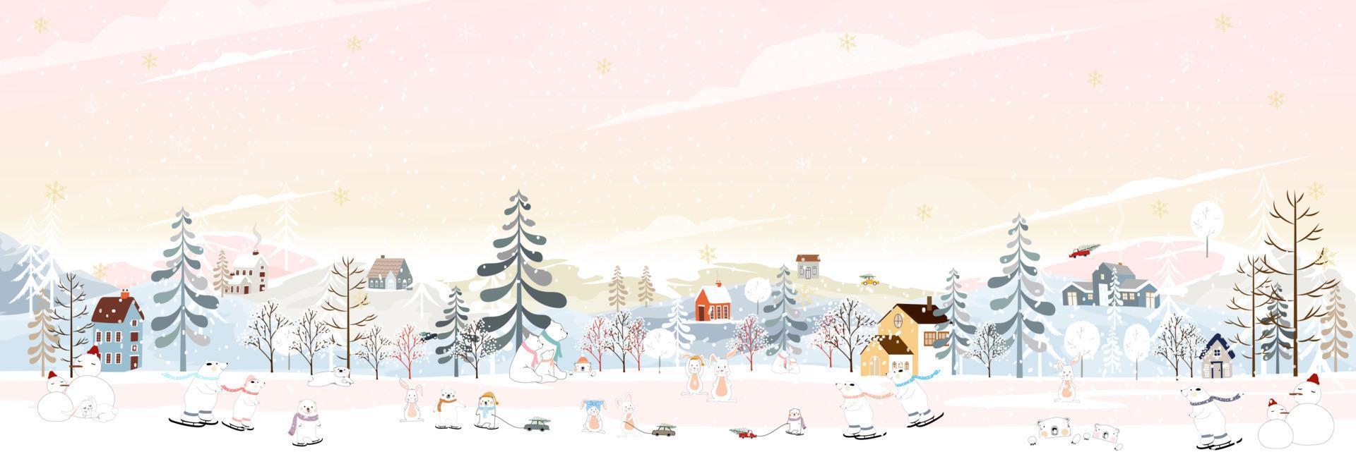 vinter- landskap på natt med polär Björn och kanin spelar is skridsko i stad park, vektor baner vinter- sagoland kanin och Björn fira i skog, glad jul och ny år 2023 bakgrund