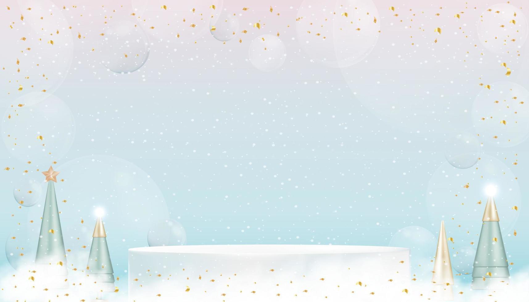 Weißes Podium des 3D-Anzeigesockels mit konischem Baum, Goldelementen und Blasen auf rosa, blauem Hintergrund, Vektordesignkonzept für Weihnachtskarte. Hintergrund für Winterferienverkauf, Werbekonzept vektor