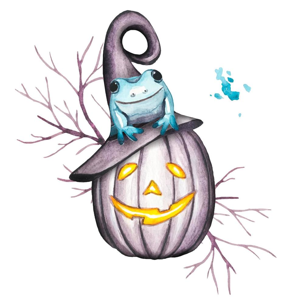 aquarell-halloween-illustration. Kürbis mit einem Frosch auf einem Hut, isoliert vektor