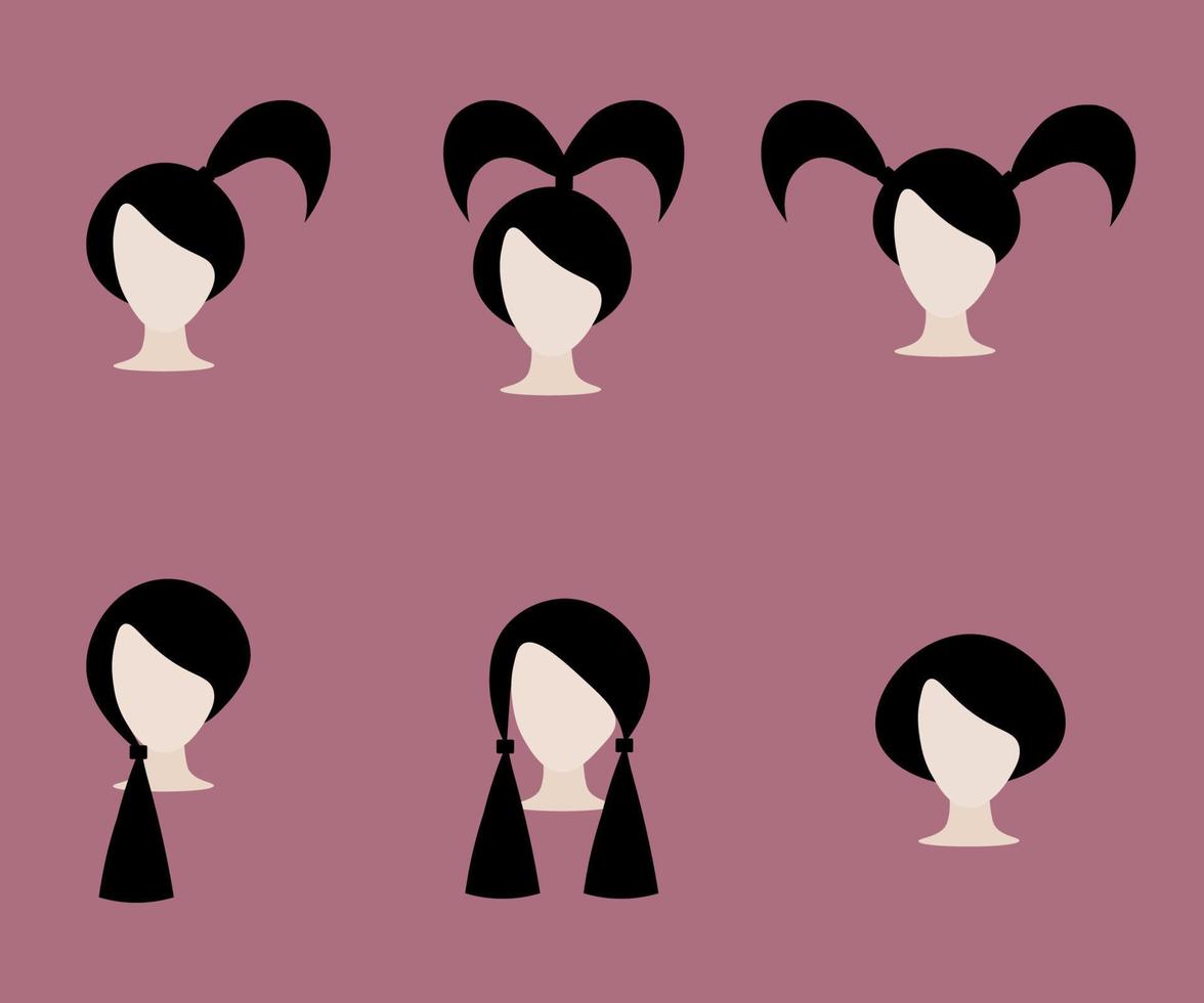 Haarschnitte und Frisuren für Frauen und Kinder. Frisur-Silhouette. Frisur im Stil von Pferdeschwanz, Bob. vektor
