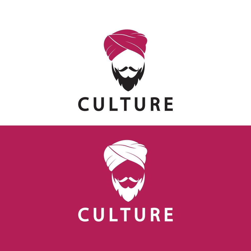 Turban-Schnurrbart Indien indische Logo-Design-Vektorillustration. Logo eines männlichen Gesichts mit Bart und Hut, typisch für das traditionelle indische Land. vektor