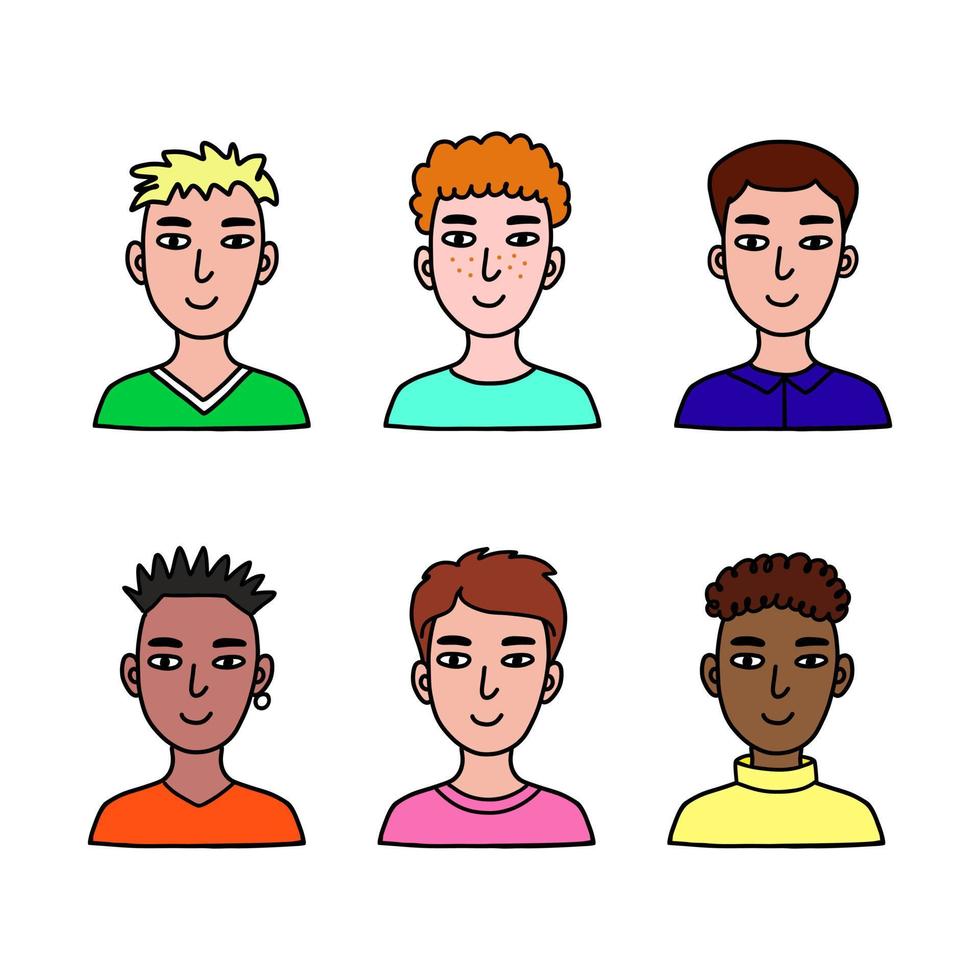 pojke ansikten klotter uppsättning. hand dragen mänsklig avatar samling. färgad porträtt av tonåringar på en vit bakgrund. klotter stil vektor illustration