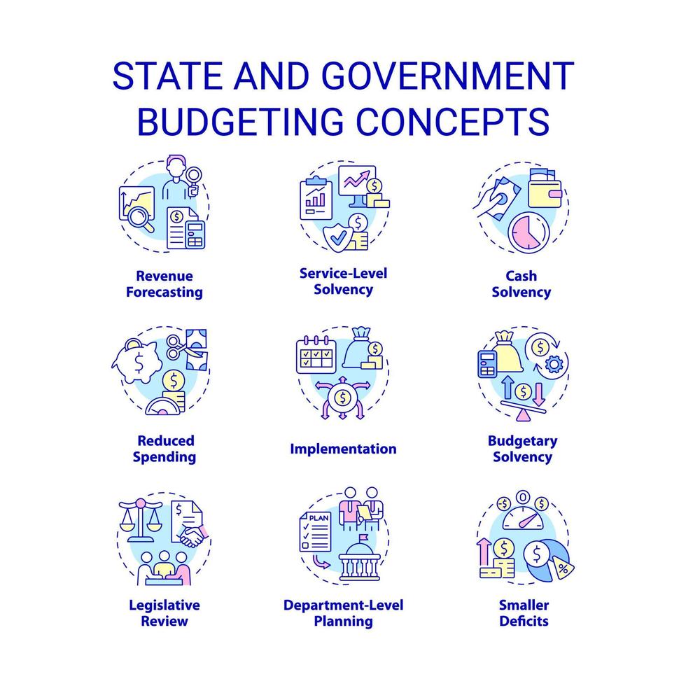 Symbole für das Budgetierungskonzept von Staat und Regierung festgelegt. finanzprogrammidee dünne linie farbillustrationen. isolierte Symbole. editierbarer Strich. vektor