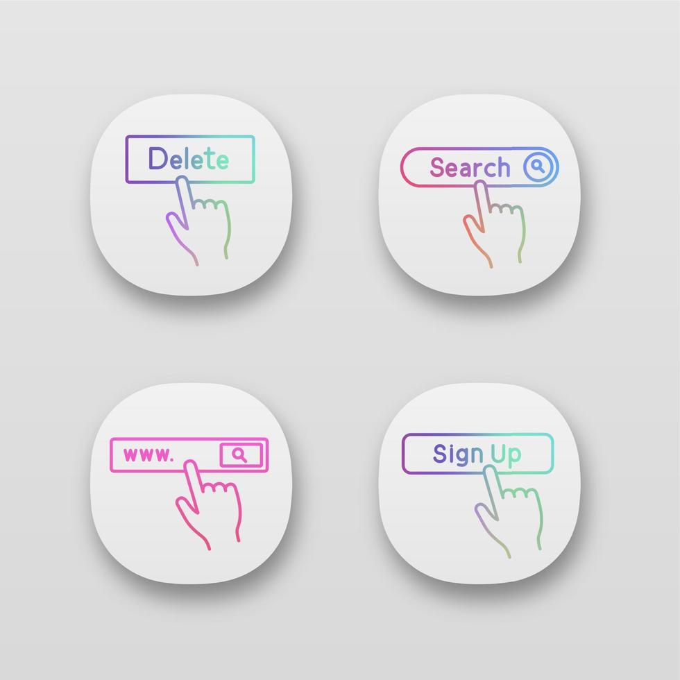 klick app ikoner uppsättning. Sök bar, radera, tecken upp. ui ux användare gränssnitt. webb eller mobil applikationer. vektor isolerat illustrationer
