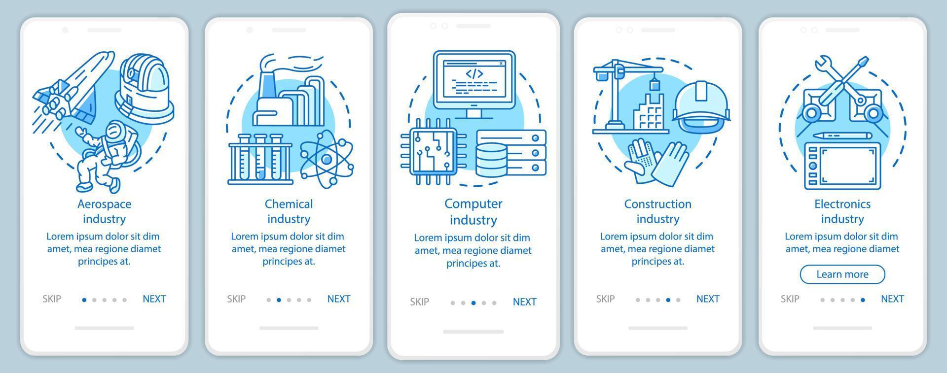 sekundär sektor av ekonomin onboarding mobil app sidskärm med linjära koncept. avancerad industri. fem genomgångssteg grafiska instruktioner. ux, ui, gui vektormall med illustrationer vektor