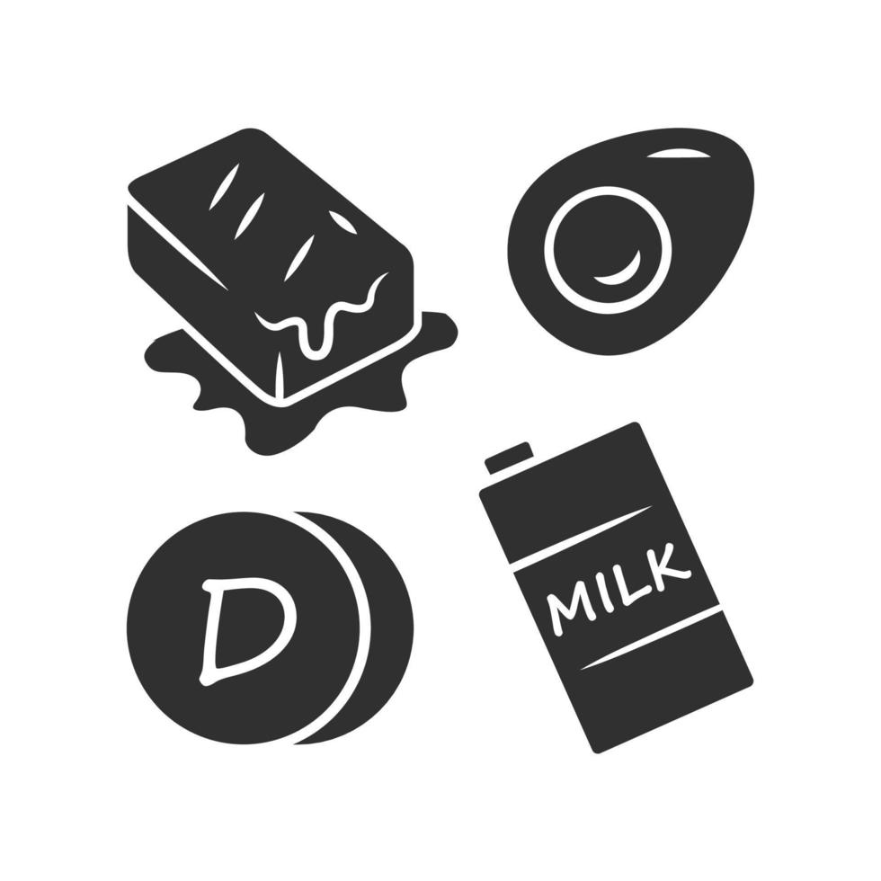 Symbol für Vitamin D-Glyphe. Butter, Ei und Milch. gesundes Essen. Cholecalciferol natürliche Nahrungsquelle. Milchprodukte. Mineralien, Antioxidantien. Silhouettensymbol. negativer Raum. vektor isolierte illustration