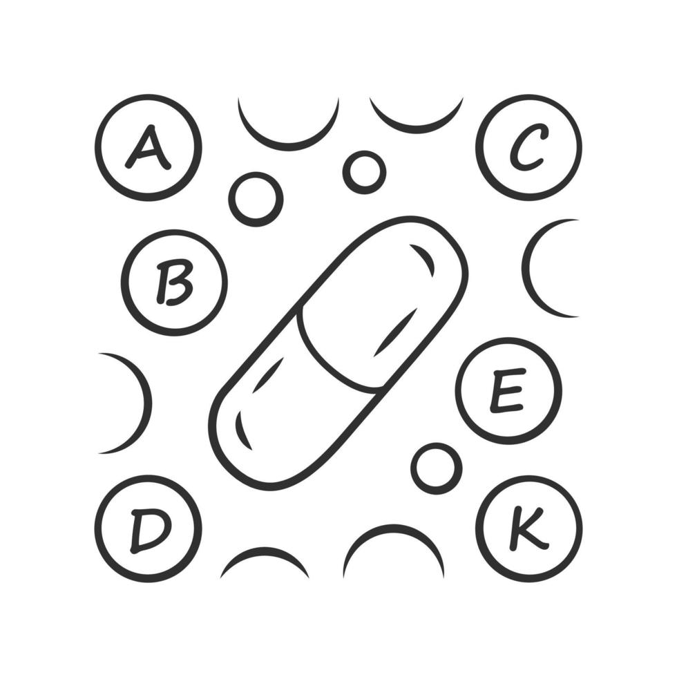 vitamin piller linjär ikon. en, b, c, d, e, k mång vitaminer komplex. multivitamin medicin. avgörande mineraler. tunn linje illustration. kontur symbol. vektor isolerat översikt teckning. redigerbar stroke