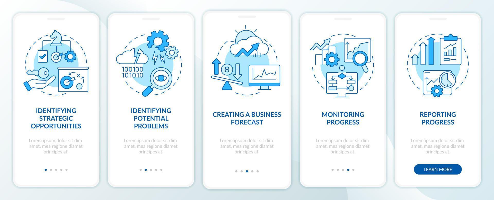 företag analytiker ansvarsområden blå onboarding mobil app skärm. genomgång 5 steg grafisk instruktioner sidor med linjär begrepp. ui, ux, gui mall. vektor