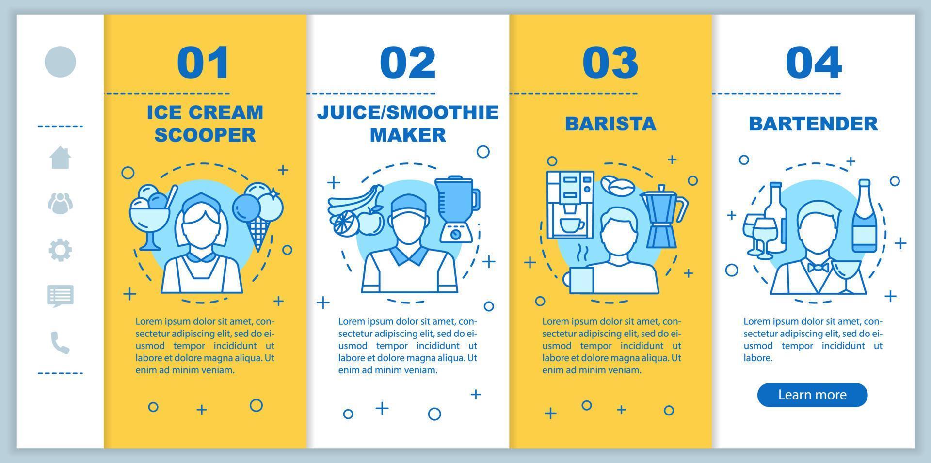 Café, Fast-Food-Teilzeitjob beim Onboarding mobiler Webseiten, Vektorvorlage. reaktionsschnelle smartphone-website-schnittstellenidee mit linearen illustrationen. Webseiten-Walkthrough-Schrittbildschirme. Farbkonzept vektor