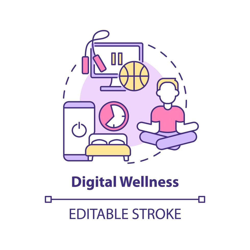 digital wellness begrepp ikon. liv och social media balans. mental hälsa trend abstrakt aning tunn linje illustration. isolerat översikt teckning. redigerbar stroke. vektor