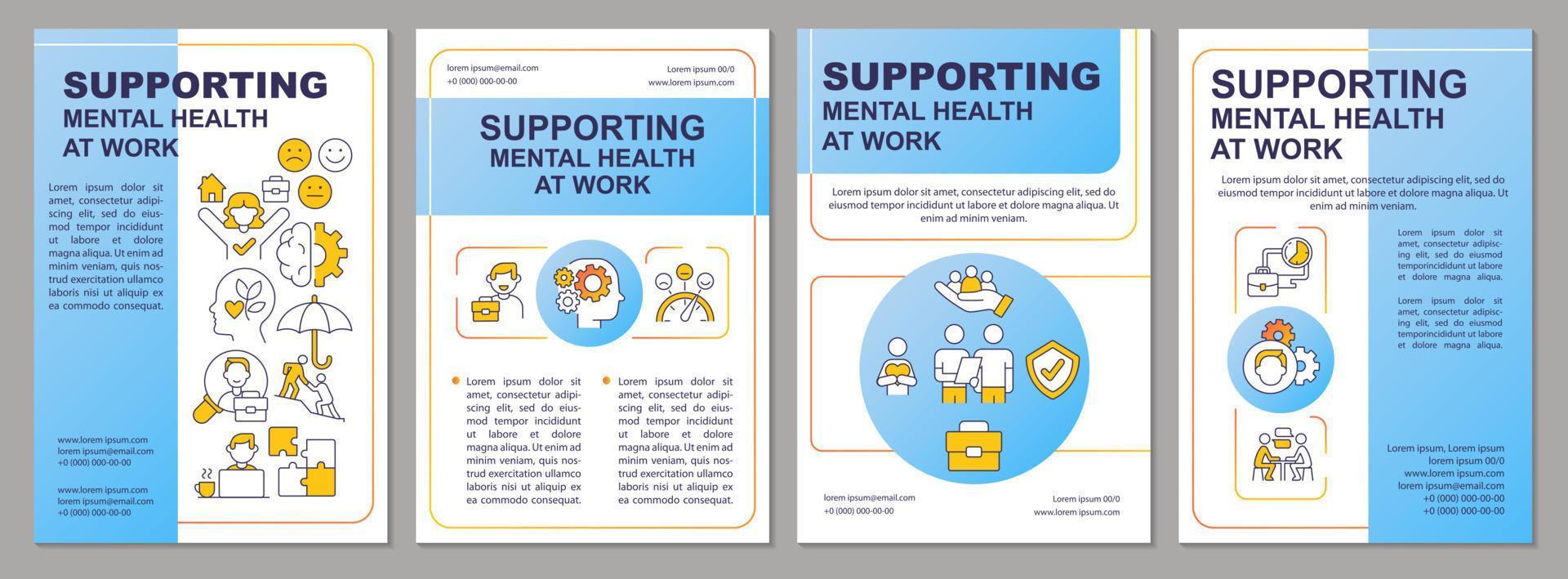 psychische gesundheitsversorgung am arbeitsplatz blaue broschürenvorlage. Gleichgewicht halten. Broschürendesign mit linearen Symbolen. 4 Vektorlayouts für Präsentationen, Jahresberichte. vektor