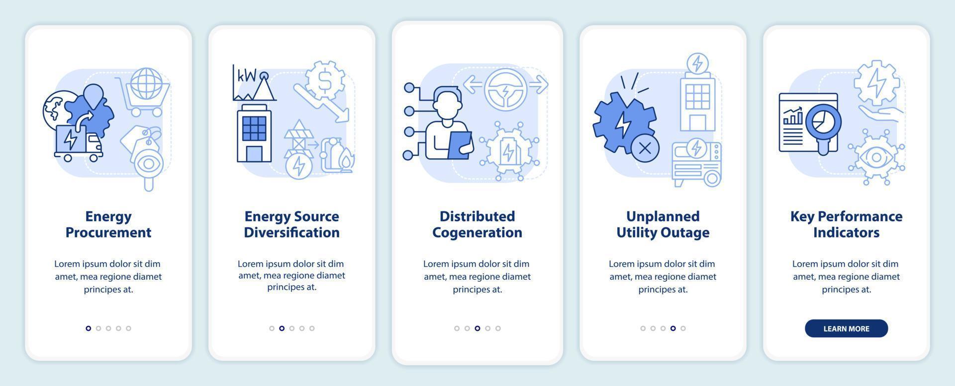 effizientes energiemanagement blaues licht beim onboarding des mobilen app-bildschirms. Komplettlösung 5 Schritte grafische Anleitungsseiten mit linearen Konzepten. ui, ux, gui-Vorlage. vektor