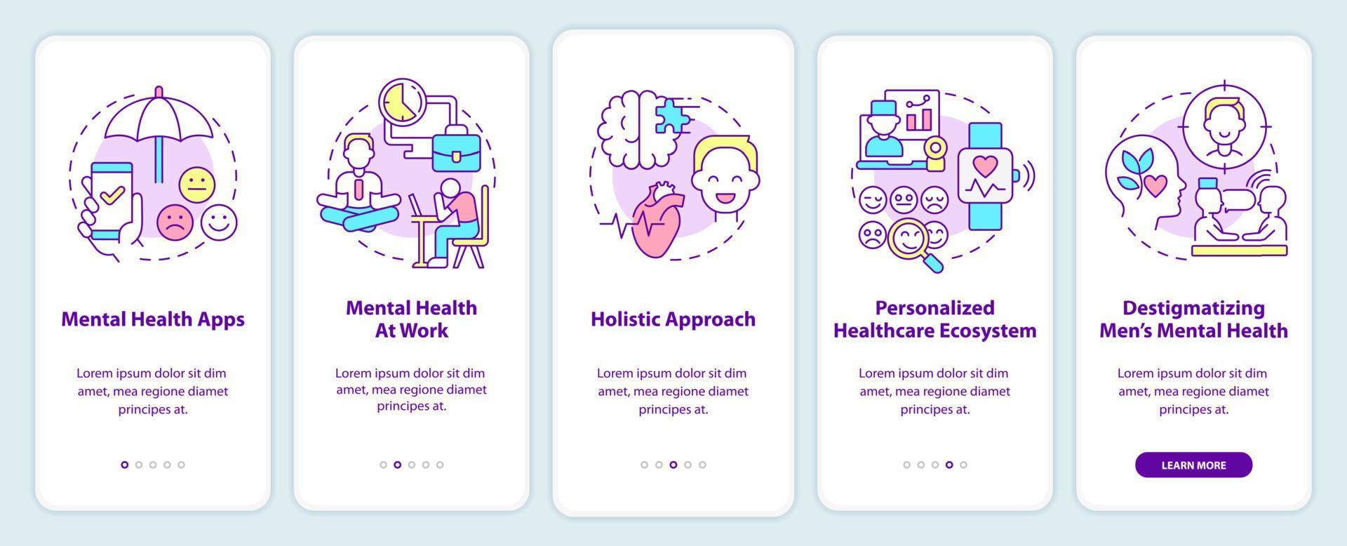 mental hälsa förbättra trender onboarding mobil app skärm. terapi genomgång 5 steg grafisk instruktioner sidor med linjär begrepp. ui, ux, gui mall. vektor