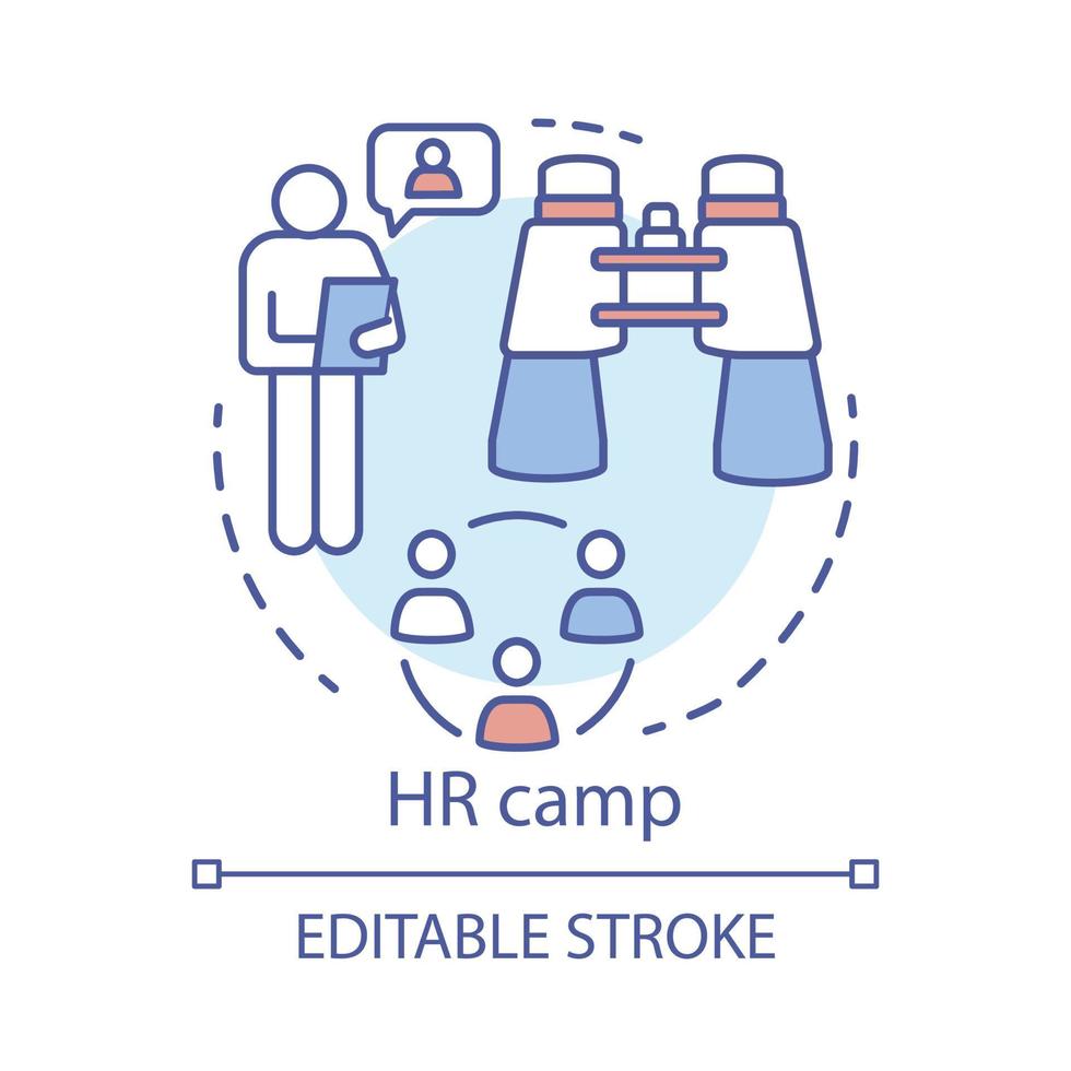 mänskliga resurser läger koncept ikon. sommar företagsklubb, gemenskap idé tunn linje illustration. företag, företagsanställd bootcamp. vektor isolerade konturritning. redigerbar linje