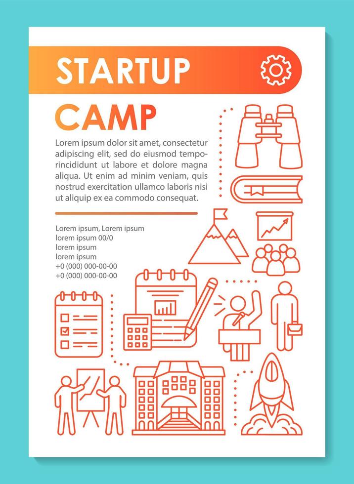 startup camp, broschürenvorlagenlayout für professionelle unterstützung. flyer, broschüre, broschürendruckdesign mit linearen illustrationen. Vektorseitenlayouts für Zeitschriften, Geschäftsberichte, Werbeplakate vektor