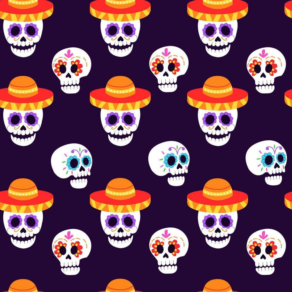 nahtloses muster für den tag der toten dia de los muertos feiertag. Hintergrund mit Totenköpfen. vektorillustration für stoff, verpackungspapier, textilien, tapeten und bekleidung. vektor