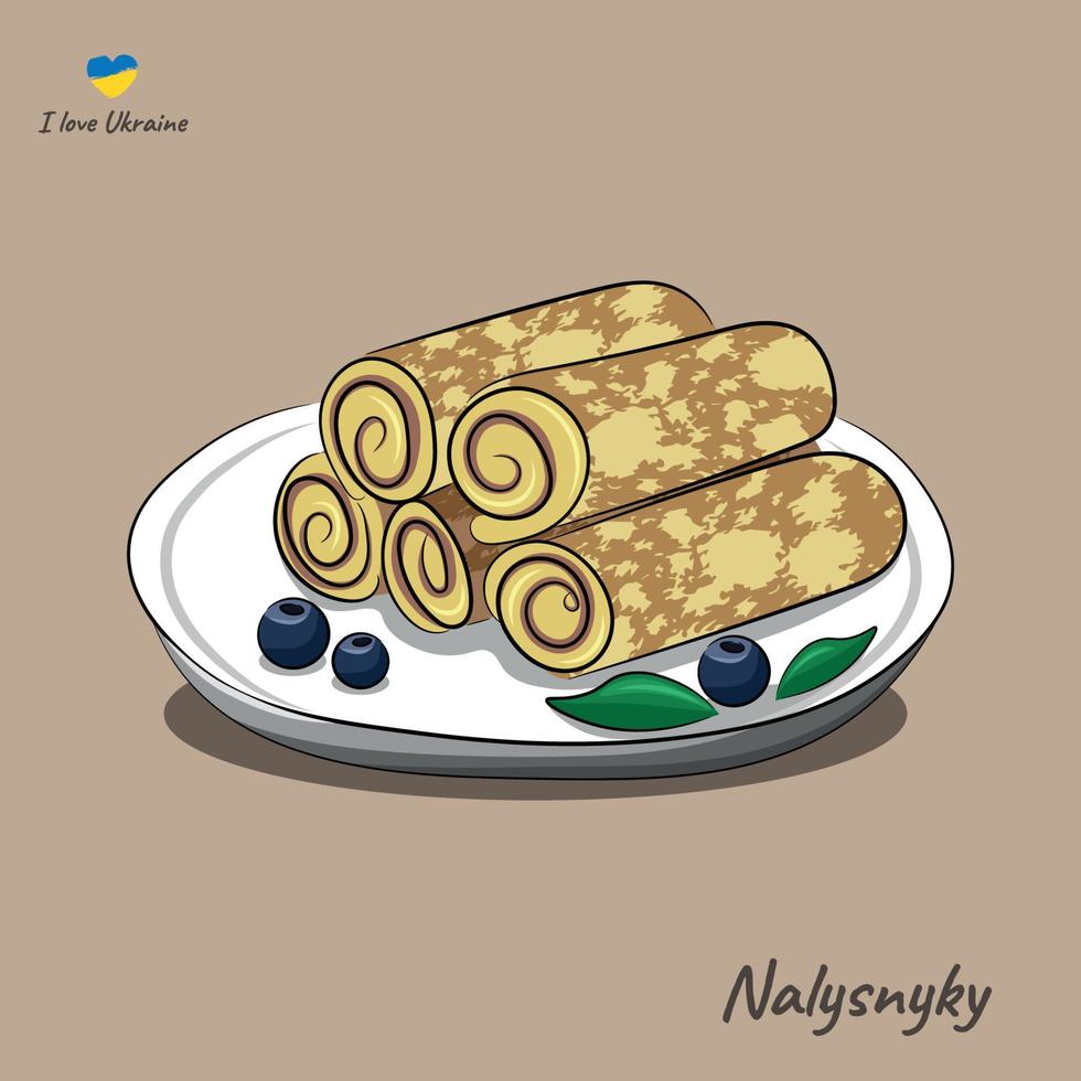 en maträtt av nationell ukrainska kök, nalysnyky, pannkakor med ostmassa fyllning på en vit tallrik, en platt vektor på en beige bakgrund