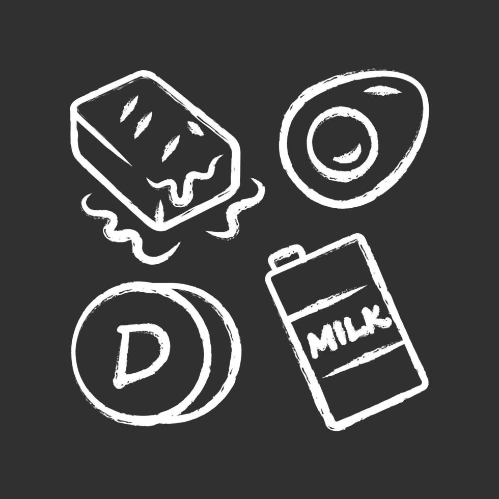 Vitamin-D-Kreide-Symbol. Butter, Ei und Milch. gesundes Essen. Cholecalciferol natürliche Nahrungsquelle. Milchprodukte. richtige Ernährung. Mineralien, Antioxidantien. isolierte vektortafelillustration vektor