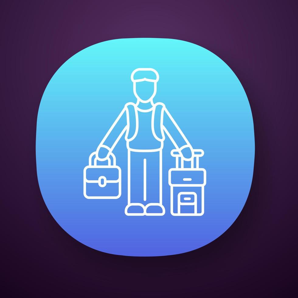App-Symbol für Einwanderer. Flüchtling mit Koffer und Rucksack. ins Ausland reisen. Alleinreise, Urlaub, Tourismus. Einwanderung. ui ux-benutzeroberfläche. Web- oder mobile Anwendung. vektor isolierte illustration