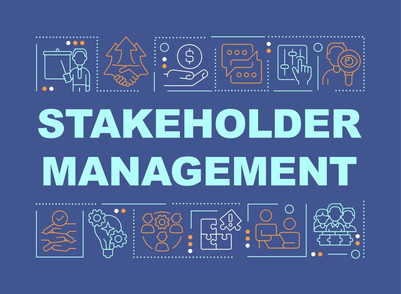 Stakeholder-Management-Wortkonzepte dunkelblaues Banner. berufliche Partnerschaft. Infografiken mit Symbolen auf farbigem Hintergrund. isolierte Typografie. Vektorillustration mit Text. vektor