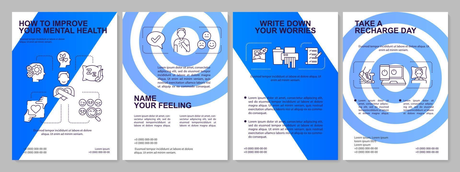 wie Sie Ihre blaue Broschürenvorlage für psychische Gesundheit verbessern können. Methoden der Selbstfürsorge. Broschürendesign mit linearen Symbolen. 4 Vektorlayouts für Präsentationen, Jahresberichte. vektor