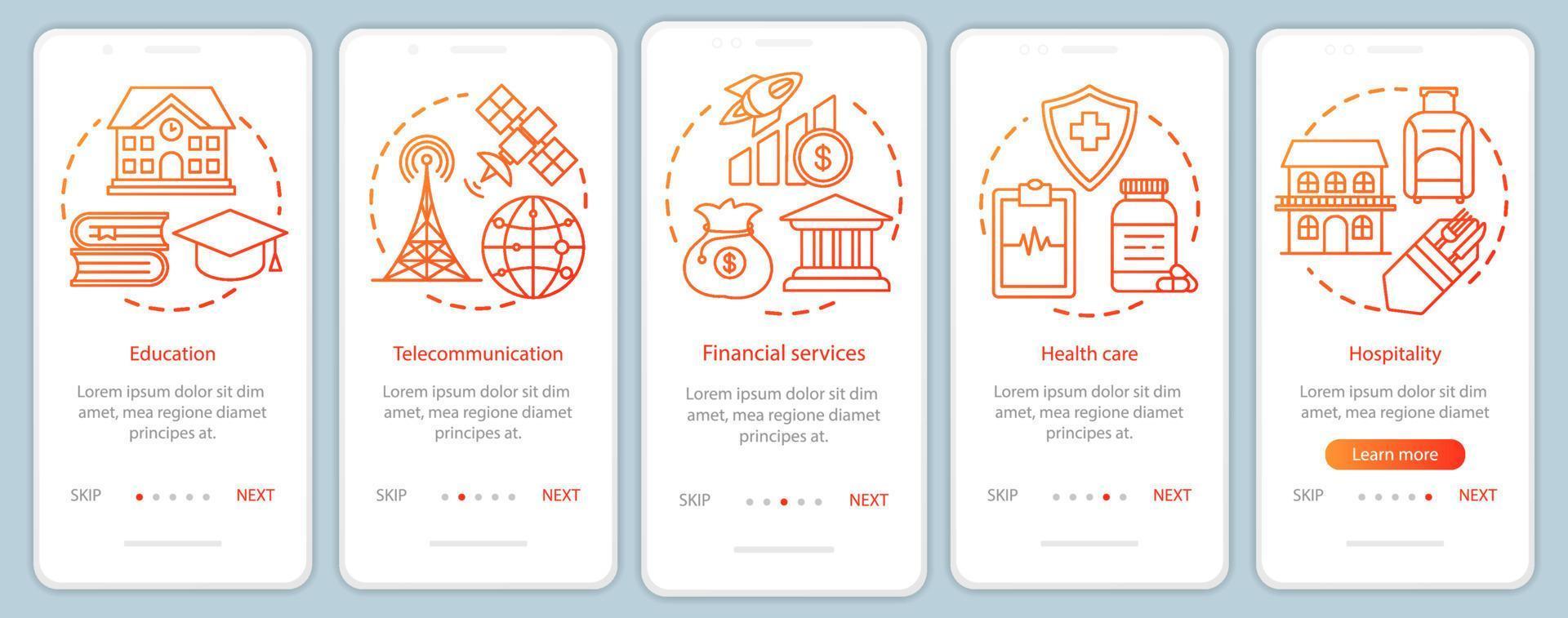 regering, offentlig industrier onboarding mobil app sida skärm vektor mall. informativa tjänster. genomgång hemsida steg med linjär illustrationer. ux, ui, gui smartphone gränssnitt begrepp