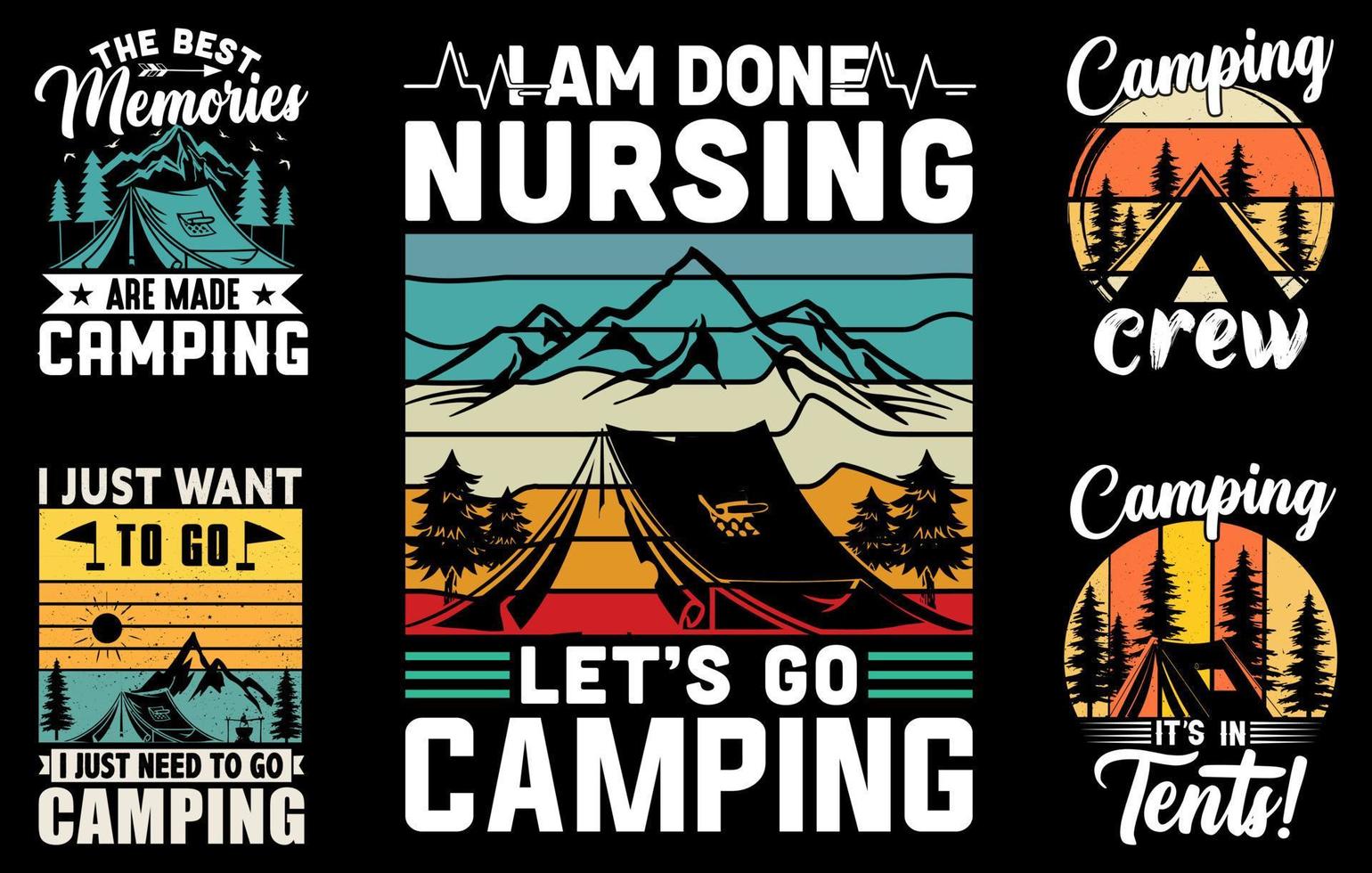 Camping-T-Shirt-Designpaket, Vintage, Outdoor-T-Shirts, grafisches Vektorelement, Camper-Typografie-Design vektor