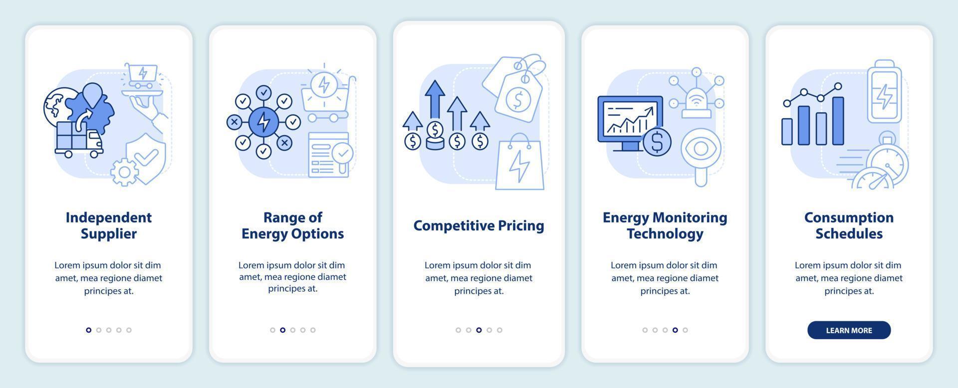 Energiestrategie-Grundlagen Blaues Licht beim Onboarding des Bildschirms der mobilen App. Komplettlösung 5 Schritte grafische Anleitungsseiten mit linearen Konzepten. ui, ux, gui-Vorlage. vektor