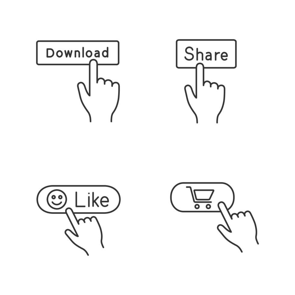 app knappar linjär ikoner uppsättning. klick. ladda ner, dela med sig, tycka om, köpa. tunn linje kontur symboler. isolerat vektor översikt illustrationer. redigerbar stroke