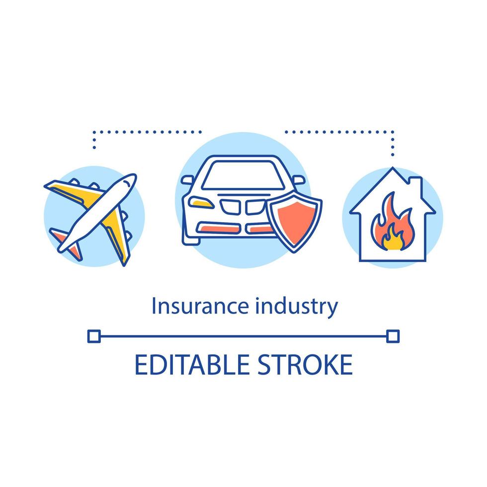 Symbol für das Konzept der Versicherungsbranche. Leben, Sachversicherung. Risikomanagement. schutz vor flugzeugabsturz, autounfall, feueridee dünne linienillustration. Vektor isoliert Umrisszeichnung. editierbarer Strich