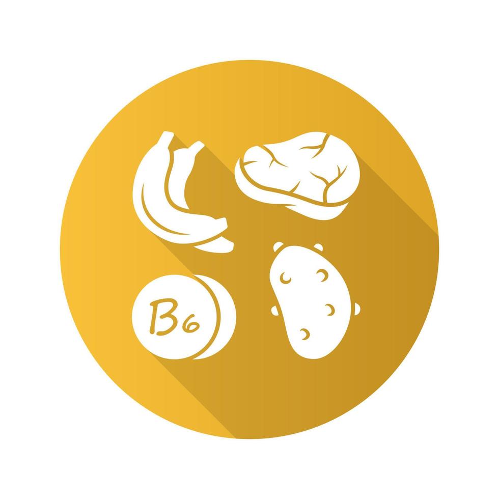 Vitamin b6 gelbes flaches Design lange Schatten-Glyphe-Symbol. Fleisch, Banane und Kartoffel. gesundes Essen. Pyridoxin natürliche Nahrungsquelle. richtige Ernährung. Mineralien, Antioxidantien. Vektor-Silhouette-Illustration vektor