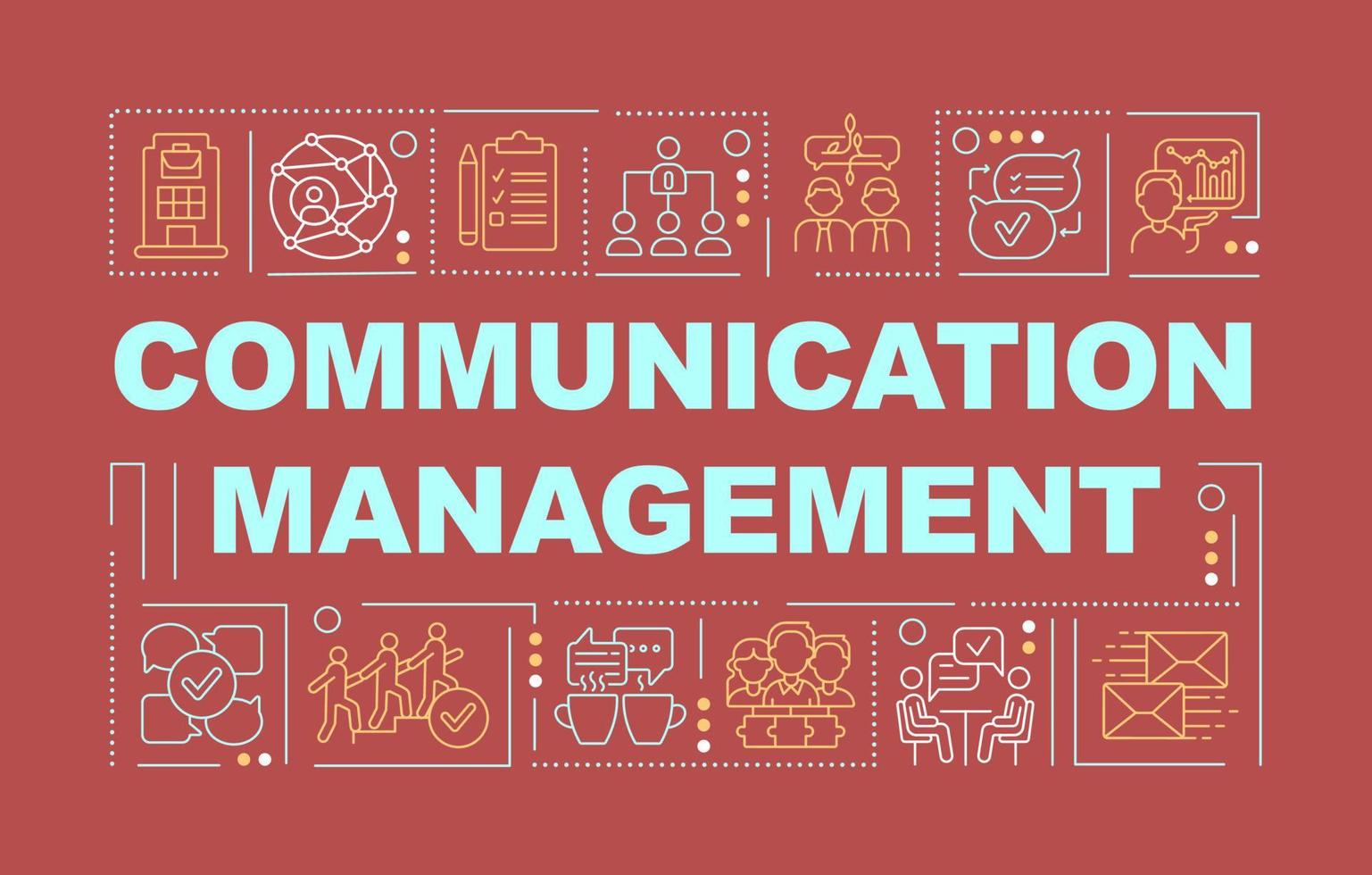 Kommunikationsmanagement-Wortkonzepte rote Fahne. Kollegen Interaktion. Infografiken mit Symbolen auf farbigem Hintergrund. isolierte Typografie. Vektorillustration mit Text. vektor