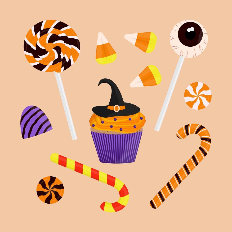 Halloween-Süßigkeiten-Set. Lutscher, Süßigkeiten, Cupcake. Vektorelemente für Design. vektor