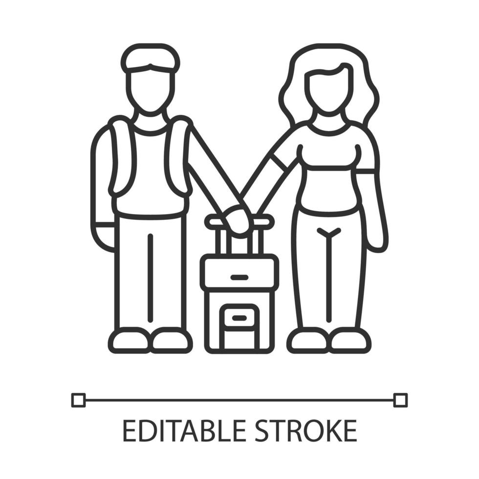 Familienklasse Einwanderer lineares Symbol. paar reisen mit koffer ins ausland. Familienausflug, Tourismus. Flitterwochen. dünne Liniendarstellung. Kontursymbol. Vektor isoliert Umrisszeichnung. editierbarer Strich