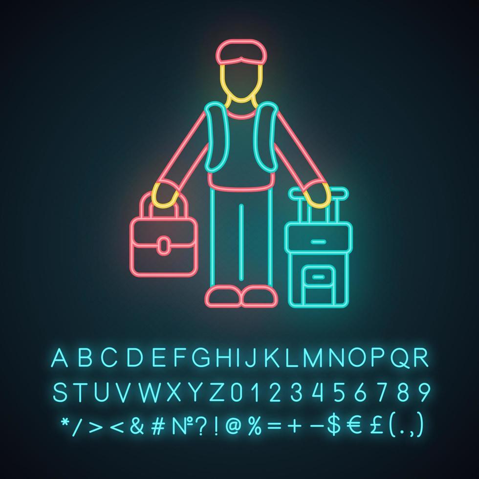 Symbol für Neonlicht des Einwanderers. Flüchtling mit Koffer und Rucksack. ins Ausland reisen. Alleinreise, Tourismus. Einwanderung. leuchtendes zeichen mit alphabet, zahlen und symbolen. vektor isolierte illustration