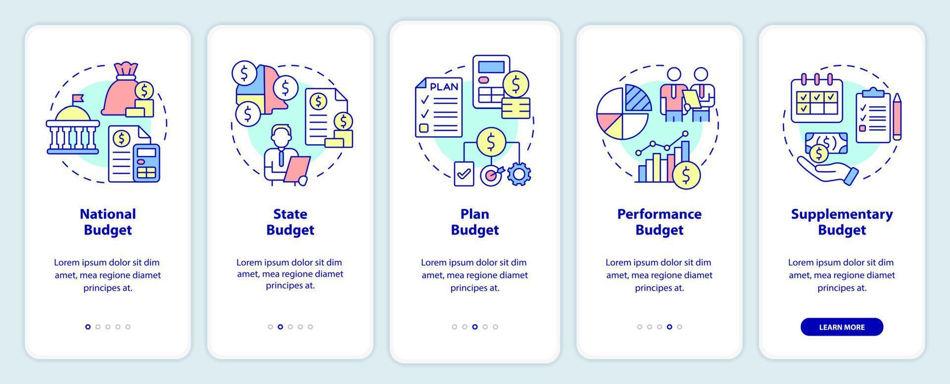 budget typer onboarding mobil app skärm. nationell och stat planen genomgång 5 steg grafisk instruktioner sidor med linjär begrepp. ui, ux, gui mall. vektor