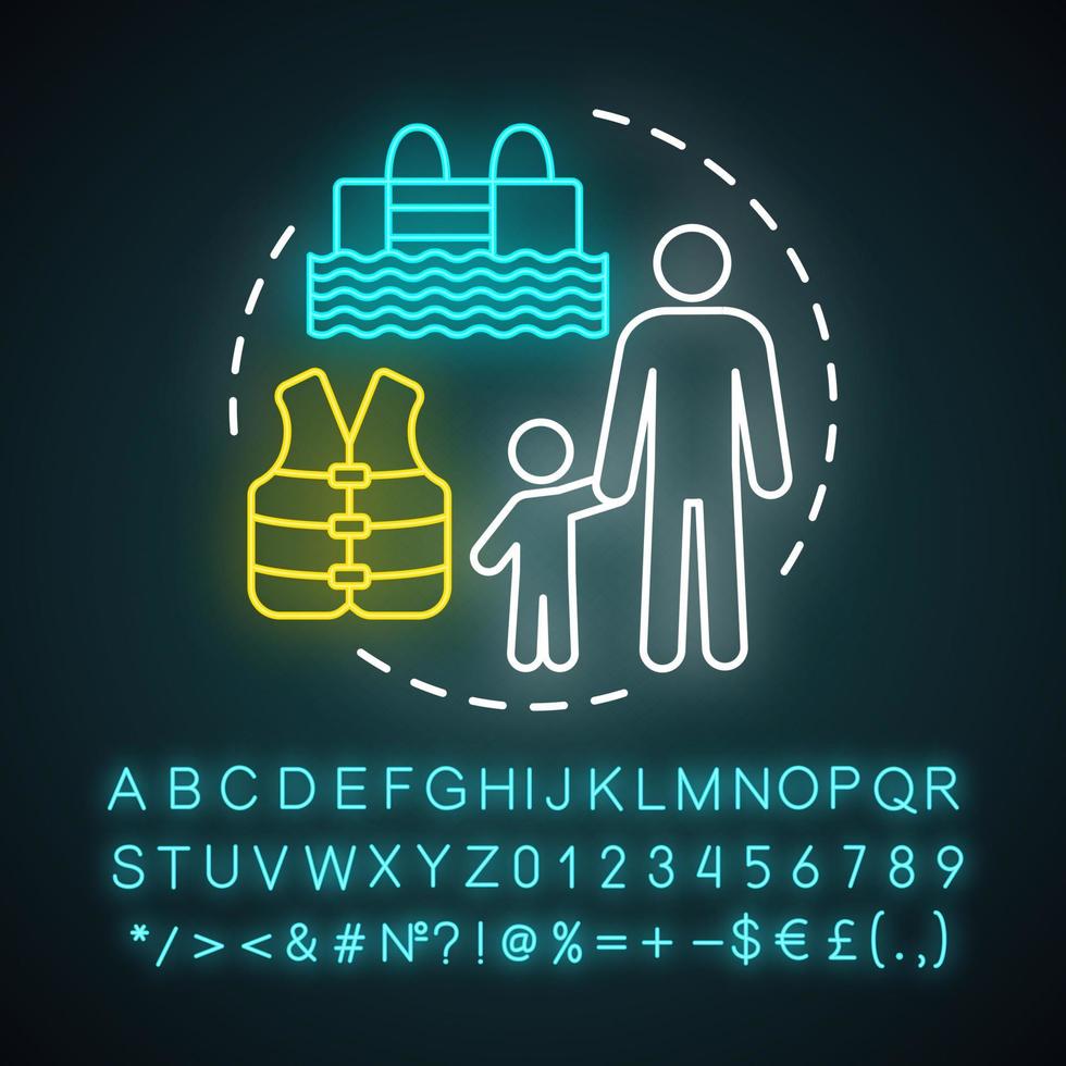 Neonlicht-Symbol für Kinderschwimmlehrer. Schwimmlehrer, Trainer. Erzieher, Ausbilder. Schwimmunterricht. lernen und trainieren. leuchtendes zeichen mit alphabet, zahlen und symbolen. vektor isolierte illustration