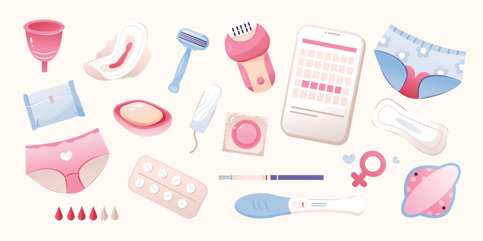 feminin hygien Produkter uppsättning, menstruations- kopp, tampong, vaddera, graviditet testa, kondom. menstruations- cykel. kvinnors hälsa. vektor illustration
